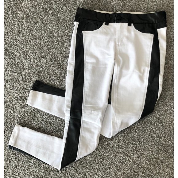 White Skinny Jeans with Black Faux Leather Trim - Picture 8 of 13